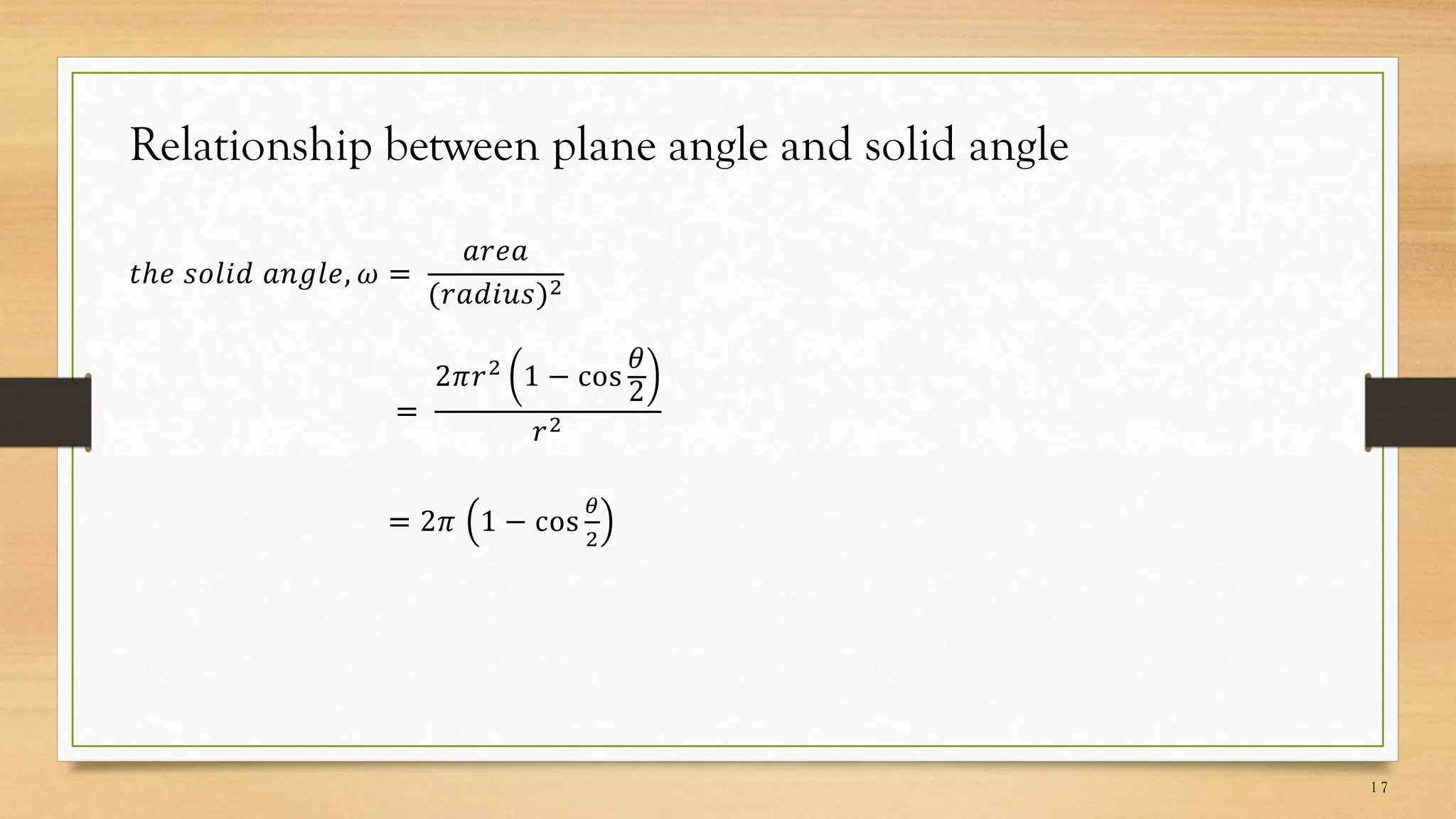 Relationship between plane angle and solid angle
 
