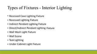 Types of Fixtures - Interior
•
Lighting
Recessed Cove Lighting Fixture
Recessed Lighting Fixture
Indirect Pendant Lighting Fixture
Direct/Indirect Pendant Lighting
Wall Wash Light Fixture
Wall Scone
Task Lighting
Under Cabinet Light Fixture
•
•
•
•
•
•
•
Fixture
 
