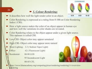 26
 5. Colour Rendering:
 It describes how well the light render color in an object.
 Color Rendering is expressed as a rating from 0-100 on Color Rendering
Index ( CRI).
 How a light source makes the color of an object appear in human eye
and how well the variations in color shades are reveated.
 Color Rendering relates to the object appear under a given light source.
This measure is called CRI.
 Low CRI- Object color may appear unnatural
 High CRI- Object color may appear more natural
 Street Lighting- 2.2 ( Sodium Vapor Light)
 Office- 62 ( Fluorescent Light)
 Residential- 80-90 LED
95 Incandescent Light
80-85 CFL
 https://www.khanacademy.org/computing/pixar/rendering/rendering1/v/overview-
rendering
 