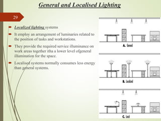 General and Localised Lighting
 Localized lighting systems
 It employ an arrangement of luminaries related to
the position of tasks and workstations.
 They provide the required service illuminance on
work areas together itha a lower level ofgeneral
illumination for the space.
 Localised systems normally consumes less energy
than general systems.
29
 