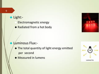 ◆ Light:-
◆ Electromagnetic energy
◆ Radiated from a hot body
◆ Luminous Flux:-
◆ The total quantity of light energy emitted
per second
◆ Measured in lumens
9
 