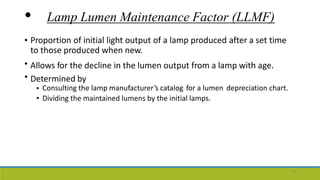 • Lamp Lumen Maintenance Factor (LLMF)
• Proportion of initial light output of a lamp produced after a set time
to those produced when new.
Allows for the decline in the lumen output from a lamp with age.
Determined by
•
•
•
•
Consulting the lamp manufacturer’s catalog for a lumen depreciation chart.
Dividing the maintained lumens by the initial lamps.
13
 