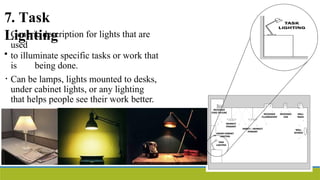 7. Task
Lighting
Generic description for lights that are
used
• to illuminate specific tasks or work that
is being done.
• Can be lamps, lights mounted to desks,
under cabinet lights, or any lighting
that helps people see their work better.
 