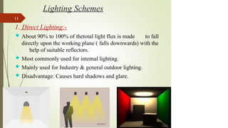Lighting Schemes
11
1. Direct Lighting:-
 About 90% to 100% of thetotal light flux is made to fall
directly upon the working plane ( falls downwards) with the
help of suitable reflectors.
 Most commonly used for internal lighting.
 Mainly used for Industry & general outdoor lighting.
 Disadvantage: Causes hard shadows and glare.
 