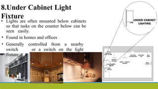 8.Under Cabinet Light
Fixture
• Lights are often mounted below cabinets
so that tasks on the counter below can be
seen easily.
• Found in homes and offices
• Generally controlled from a nearby
switch or a switch on the light
fixture.
 