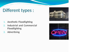 Different types :
1. Aesthetic Floodlighting
2. Industrial and Commercial
Floodlighting
3. Advertising
 