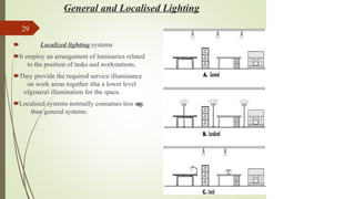 General and Localised Lighting
29
🠶 Localized lighting systems
🠶It employ an arrangement of luminaries related
to the position of tasks and workstations.
🠶They provide the required service illuminance
on work areas together itha a lower level
ofgeneral illumination for the space.
🠶Localised systems normally consumes less e
n
e
r
g
y
than general systems.
 