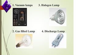 1. Vacuum lamps 3. Halogen Lamp
32
2. Gas filled Lamp 4. Discharge Lamp
 