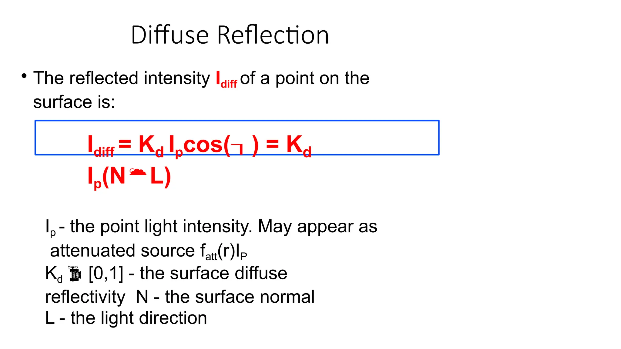 Diffuse Reflection
• The reflected intensity Idiff of a point on the
surface is:
Idiff = Kd Ipcos() = Kd
Ip(NL)
Ip - the point light intensity. May appear as
attenuated source fatt(r)IP
Kd  [0,1] - the surface diffuse
reflectivity N - the surface normal
L - the light direction
 