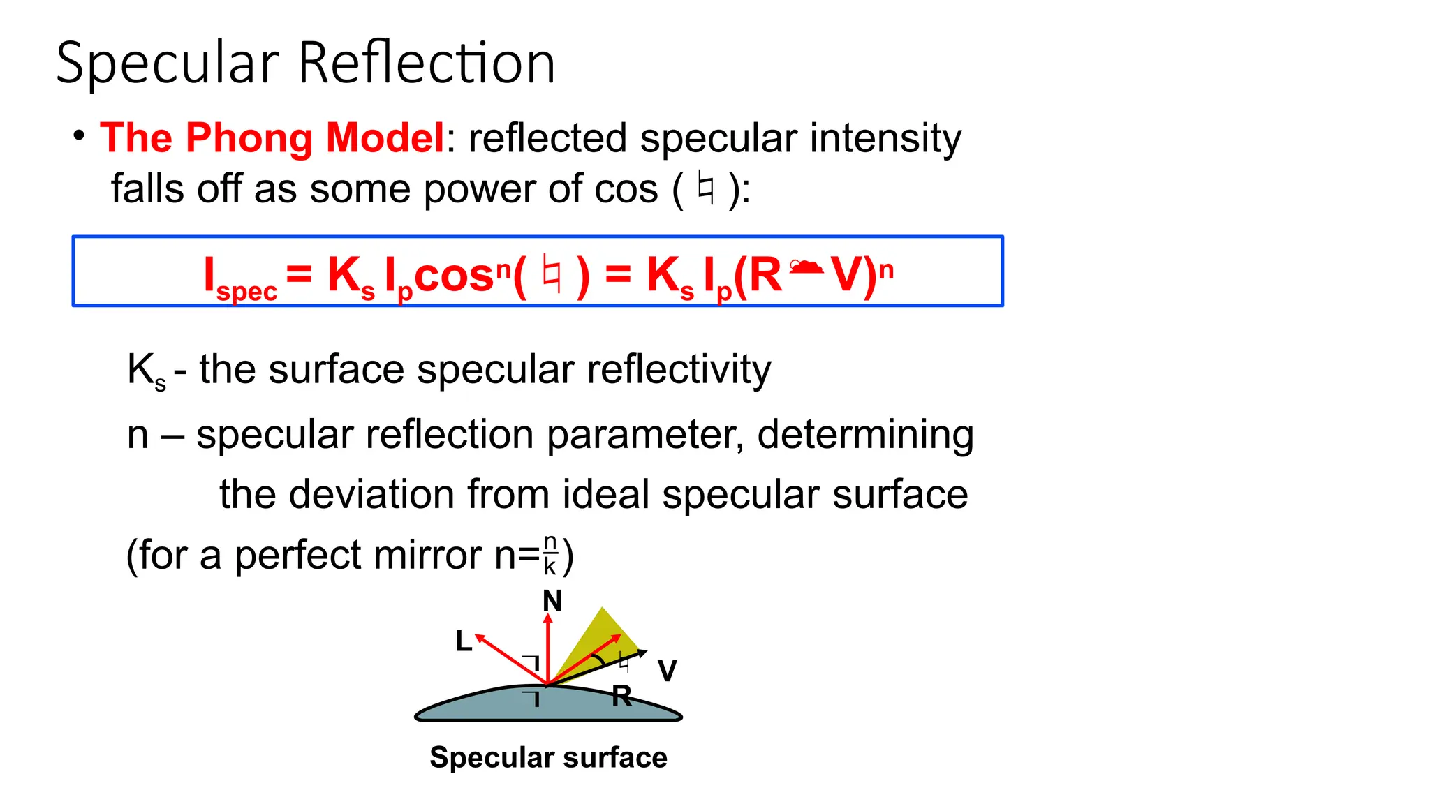 Specular Reflection
• The Phong Model: reflected specular intensity
falls off as some power of cos ():
Ispec = Ks Ipcosn() = Ks Ip(RV)n


Ks - the surface specular reflectivity
n – specular reflection parameter, determining
the deviation from ideal specular surface
(for a perfect mirror n=)
N
L

R
V
Specular surface
 