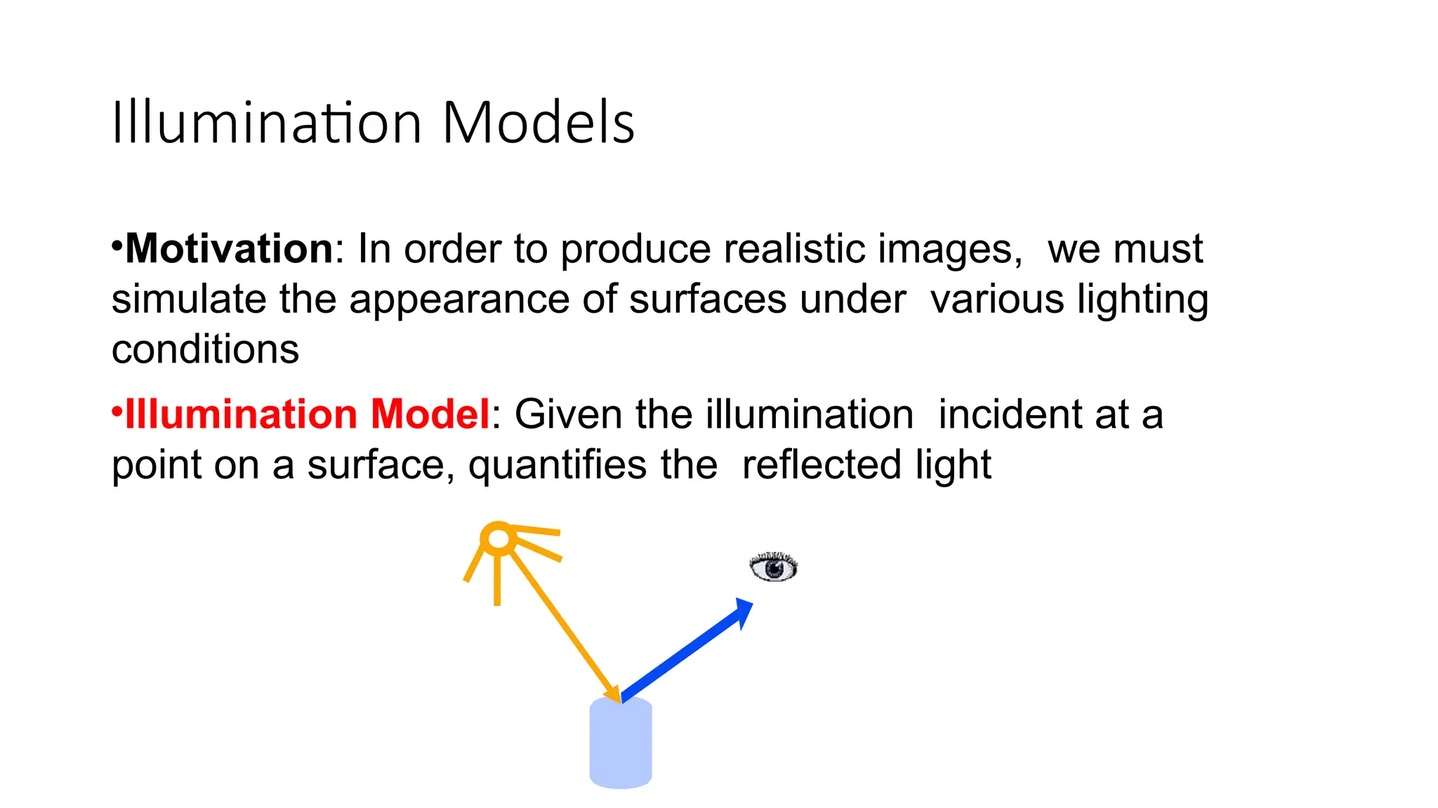 Illumination Models
•Motivation: In order to produce realistic images, we must
simulate the appearance of surfaces under various lighting
conditions
•Illumination Model: Given the illumination incident at a
point on a surface, quantifies the reflected light
 