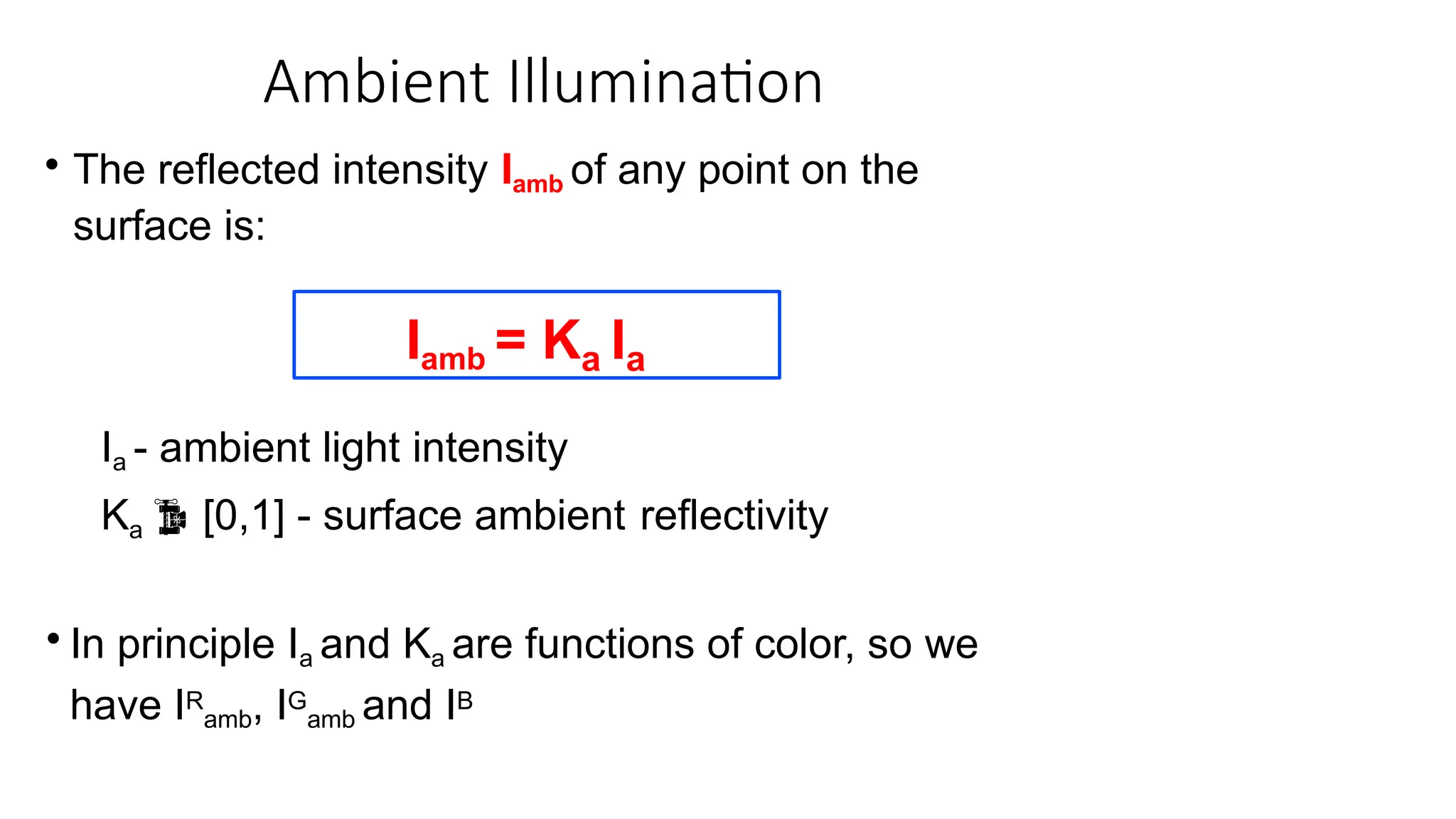 Ambient Illumination
• The reflected intensity Iamb of any point on the
surface is:
Ia - ambient light intensity
Ka  [0,1] - surface ambient reflectivity
• In principle Ia and Ka are functions of color, so we
have IR
amb, IG
amb and IB
Iamb = Ka Ia
 