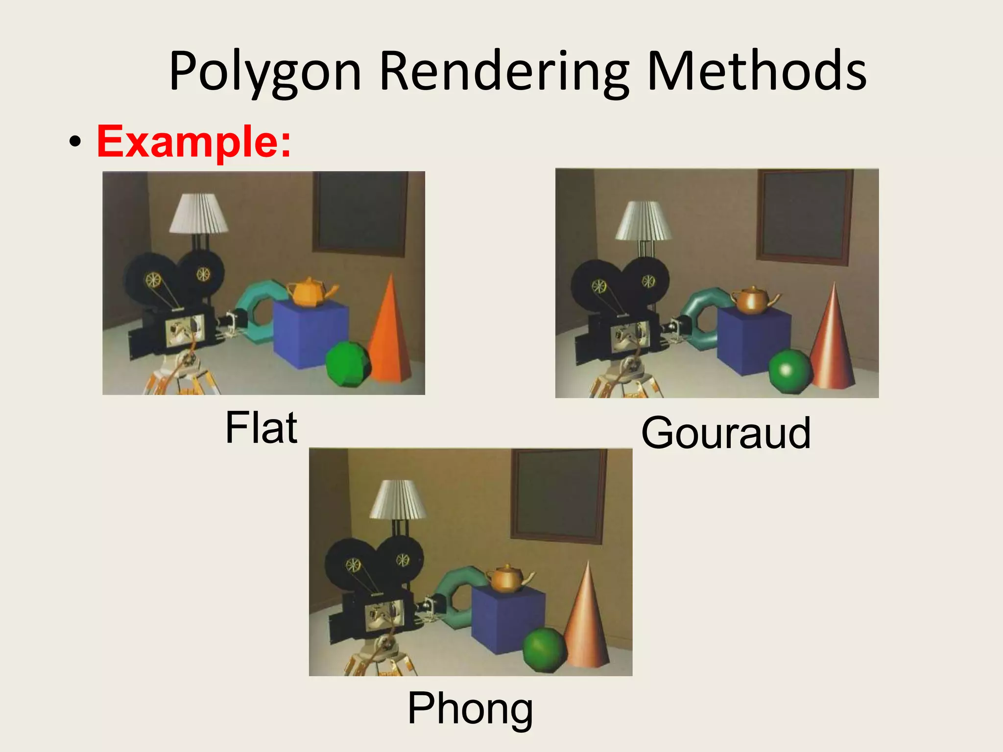 Polygon Rendering Methods
• Example:
Flat Gouraud
Phong
 