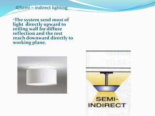 4)Semi – indirect lighting
•The system send most of
light directly upward to
ceiling wall for diffuse
reflection and the rest
reach downward directly to
working plane.
 