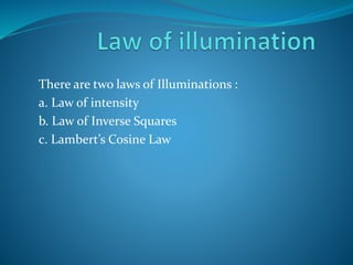 There are two laws of Illuminations :
a. Law of intensity
b. Law of Inverse Squares
c. Lambert’s Cosine Law
 