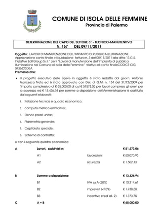 COMUNE DI ISOLA DELLE FEMMINE
Provincia di Palermo

DETERMINAZIONE DEL CAPO DEL SETTORE 5° - TECNICO-MANUTENTIVO

N. 167

DEL 09/11/2011

Oggetto: LAVORI DI MANUTENZIONE DELL’IMPIANTO DI PUBBLICA ILLUMINAZIONE.
Approvazione conto finale e liquidazione fattura n. 3 del 08/11/2011 alla ditta “R.G.S.
Iniziative Edil Group S.r.l.” per i “Lavori di manutenzione dell’impianto di pubblica
illuminazione nel Comune di Isola delle Femmine” relativa al conto finaleCODICE CIG
0436823DBA
Premesso che:
•

Il progetto esecutivo delle opere in oggetto è stato redatto dal geom. Antonio
Francesco Noto ed è stato approvato con Del. di G.M. n. 134 del 31/12/2009 per
l'importo complessivo di € 65.000,00 di cui € 51573.06 per lavori compreso gli oneri per
la sicurezza ed € 13.426,94 per somme a disposizione dell'Amministrazione è costituito
dai seguenti elaborati:
1. Relazione tecnica e quadro economico;
2. computo metrico estimativo;
3. Elenco prezzi unitari;
4. Planimetria generale;
5. Capitolato speciale;
6. Schema di contratto;

e con il seguente quadro economico:
A

Lavori, suddivisi in:

€ 51.573,06

A1

€ 50.070,93

A2

B

lavorazioni
sicurezza

€ 1.502,13

Somme a disposizione

€ 13.426,94

B1

€ 10.314,61

B2

imprevisti (<10%)

€ 1.738,58

B3
C

IVA su A (20%)

incentivo (vedi all. 2)

€ 1.373,75

A+B

€ 65.000,00

 