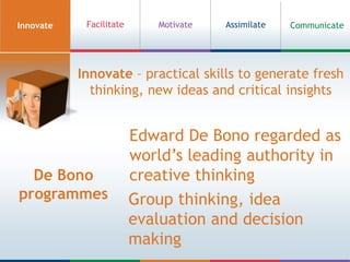 InnovateMotivate CommunicateFacilitateAssimilateInnovate – practical skills to generate fresh thinking, new ideas and critical insightsEdward De Bono regarded as world’s leading authority in creative thinkingDe Bono programmesGroup thinking, idea evaluation and decision making