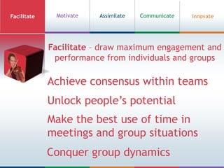FacilitateAssimilate InnovateMotivateCommunicateFacilitate – draw maximum engagement and performance from individuals and groupsAchieve consensus within teamsUnlock people’s potentialMake the best use of time in meetings and group situations Conquer group dynamics