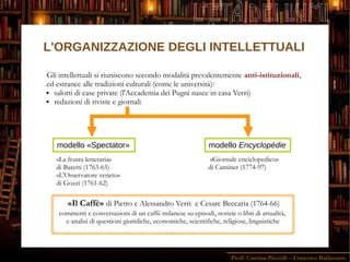 Proff. Caterina Piccirilli – Francesco Baldassarre
L'ETÀ DEI LUMI
Gli intellettuali si riuniscono secondo modalità prevalentemente anti-istituzionali,
ed estranee alle tradizioni culturali (come le università):
 salotti di case private (l'Accademia dei Pugni nasce in casa Verri)
 redazioni di riviste e giornali
modello «Spectator» modello Encyclopédie
«La frusta letteraria»
di Baretti (1763-65)
«L'Osservatore veneto»
di Gozzi (1761-62)
«Giornale enciclopedico»
di Caminer (1774-97)
«Il Caffè» di Pietro e Alessandro Verri e Cesare Beccaria (1764-66)
commenti e conversazioni di un caffè milanese su episodi, notizie o libri di attualità,
e analisi di questioni giuridiche, economiche, scientifiche, religiose, linguistiche
L'ORGANIZZAZIONE DEGLI INTELLETTUALI
 