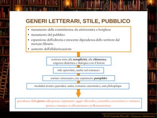 Proff. Caterina Piccirilli – Francesco Baldassarre
L'ETÀ DEI LUMI
● mutamento della committenza: da aristocratica a borghese
● mutamento del pubblico
● espansione dell'editoria e crescente dipendenza dello scrittore dal
mercato librario
● aumento dell'alfabetizzazione
scrittura mira alla semplicità, alla chiarezza;
esigenza dialettica e dialogica con il lettore
stile epistolare, anche nel romanzo
trattato sistematico, ma soprattutto pamphlet
modalità ironico-parodica: satira, romanzo umoristico, conte philosophique
prevalenza della prosa sulla poesia: soprattutto saggio (filosofico, scientifico, economico) e romanzo
poesia e romanzo si affermeranno col Romanticismo
GENERI LETTERARI, STILE, PUBBLICO
 