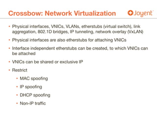 Crossbow: Network Virtualization
• Physical interfaces, VNICs, VLANs, etherstubs (virtual switch), link
aggregation, 802.1D bridges, IP tunneling, network overlay (VxLAN)

• Physical interfaces are also etherstubs for attaching VNICs

• Interface independent etherstubs can be created, to which VNICs can
be attached

• VNICs can be shared or exclusive IP

• Restrict

• MAC spoofing

• IP spoofing

• DHCP spoofing

• Non-IP traffic
 