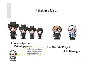 üü
Il	
  était	
  une	
  fois…	
  	
  
Une	
  équipe	
  de	
  
Développeurs	
  
	
  
	
  
	
  
	
  
	
  
	
  
	
  
	
  
Un	
  Chef	
  de	
  Projet	
  
	
  	
  	
  	
  	
  	
  	
  	
  	
  	
  	
  	
  	
  	
  	
  	
  	
  	
  	
  	
  	
  	
  et	
  le	
  Manager	
  
Ils	
  formeraient	
  une	
  
belle	
  équipe	
  auto-­‐
organisée	
  ceux-­‐là	
  !	
  
10	
  
 