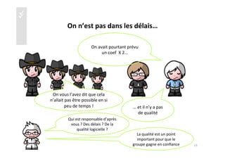 üü
On	
  n’est	
  pas	
  dans	
  les	
  délais…	
  
On	
  vous	
  l’avez	
  dit	
  que	
  cela	
  
n’allait	
  pas	
  être	
  possible	
  en	
  si	
  
peu	
  de	
  temps	
  !	
  
On	
  avait	
  pourtant	
  prévu	
  
un	
  coef	
  	
  X	
  2…	
  
…	
  et	
  il	
  n’y	
  a	
  pas	
  
de	
  qualité	
  
Qui	
  est	
  responsable	
  d’après	
  
vous	
  ?	
  Des	
  délais	
  ?	
  De	
  la	
  
qualité	
  logicielle	
  ?	
  
La	
  qualité	
  est	
  un	
  point	
  
important	
  pour	
  que	
  le	
  
groupe	
  gagne	
  en	
  conﬁance	
   13	
  
 