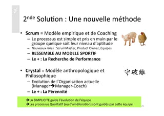 üü
2nde	
  Solu)on	
  :	
  Une	
  nouvelle	
  méthode	
  
•  Scrum	
  =	
  Modèle	
  empirique	
  et	
  de	
  Coaching	
  
–  Le	
  processus	
  est	
  simple	
  et	
  pris	
  en	
  main	
  par	
  le	
  
groupe	
  quelque	
  soit	
  leur	
  niveau	
  d’ap)tude	
  
–  Nouveaux	
  rôles	
  :	
  ScrumMaster,	
  Product	
  Owner,	
  Equipes	
  
–  RESSEMBLE	
  AU	
  MODELE	
  SPORTIF	
  
–  Le	
  +	
  :	
  La	
  Recherche	
  de	
  Performance	
  
•  Crystal	
  =	
  Modèle	
  anthropologique	
  et	
  
Philosophique	
  
–  Evolu)on	
  de	
  l’Organisa)on	
  actuelle	
  
(ManagerèManager-­‐Coach)	
  
–  Le	
  +	
  :	
  La	
  Pérennité	
  
25	
  
è LA	
  SIMPLICITE	
  guide	
  l’évolu)on	
  de	
  l’équipe	
  
è Les	
  processus	
  Qualita)f	
  (ou	
  d’améliora)on)	
  sont	
  guidés	
  par	
  ceae	
  équipe	
  
 