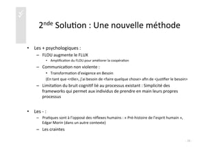 üü
2nde	
  Solu)on	
  :	
  Une	
  nouvelle	
  méthode	
  
•  Les	
  +	
  psychologiques	
  :	
  	
  
–  FLOU	
  augmente	
  le	
  FLUX	
  
•  Ampliﬁca)on	
  du	
  FLOU	
  pour	
  améliorer	
  la	
  coopéra)on	
  
–  Communica)on	
  non	
  violente	
  :	
  	
  
•  Transforma)on	
  d’exigence	
  en	
  Besoin	
  	
  
(En	
  tant	
  que	
  <rôle>,	
  j’ai	
  besoin	
  de	
  <faire	
  quelque	
  chose>	
  aﬁn	
  de	
  <jus)ﬁer	
  le	
  besoin>	
  
–  Limita)on	
  du	
  bruit	
  cogni)f	
  lié	
  au	
  processus	
  existant	
  :	
  Simplicité	
  des	
  
frameworks	
  qui	
  permet	
  aux	
  individus	
  de	
  prendre	
  en	
  main	
  leurs	
  propres	
  
processus	
  
•  Les	
  -­‐	
  :	
  	
  
–  Pra)ques	
  sont	
  à	
  l’opposé	
  des	
  réﬂexes	
  humains	
  :	
  «	
  Pré-­‐histoire	
  de	
  l’esprit	
  humain	
  »,	
  
Edgar	
  Morin	
  (dans	
  un	
  autre	
  contexte)	
  
–  Les	
  craintes	
  
-­‐	
  26	
  -­‐	
  
 