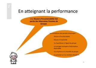 üü
En	
  aaeignant	
  la	
  performance	
  
Une	
  illusion	
  d’invulnérabilité	
  fait	
  
par4e	
  des	
  Mauvaises	
  Pensées	
  de	
  
Groupe.	
  	
  
36	
  
Les	
  symptômes	
  des	
  pensées	
  de	
  groupes	
  :	
  
• Illusion	
  d’invulnérabilité	
  
• Illusion	
  d’unanimité	
  
• Le	
  favori)sme	
  à	
  l’égard	
  du	
  groupe	
  
• Le	
  partage	
  incomplet	
  d’informa)ons	
  
disponibles	
  
• La	
  croyance	
  en	
  la	
  moralité	
  du	
  groupe	
  
• La	
  pression	
  sur	
  les	
  membres	
  dissidents	
  
 