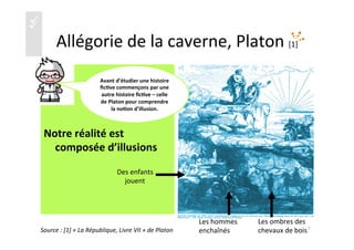 üü
Allégorie	
  de	
  la	
  caverne,	
  Platon	
  [1]	
  
Notre	
  réalité	
  est	
  
composée	
  d’illusions	
  	
  
Avant	
  d’étudier	
  une	
  histoire	
  
ﬁc4ve	
  commençons	
  par	
  une	
  
autre	
  histoire	
  ﬁc4ve	
  –	
  celle	
  
de	
  Platon	
  pour	
  comprendre	
  
la	
  no4on	
  d’illusion.	
  	
  
Les	
  ombres	
  des	
  	
  
chevaux	
  de	
  bois	
  
Les	
  hommes	
  	
  
enchaînés	
  	
  
Des	
  enfants	
  	
  
jouent	
  
7	
  Source	
  :	
  [1]	
  «	
  La	
  République,	
  Livre	
  VII	
  »	
  de	
  Platon	
  
 