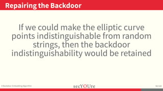 ..
Repairing the Backdoor
.
A Backdoor Embedding Algorithm
.
90/104
If we could make the elliptic curve
points indistingui...