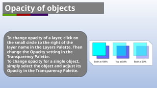 To change opacity of a layer, click on
the small circle to the right of the
layer name in the Layers Palette. Then
change the Opacity setting in the
Transparency Palette.
To change opacity for a single object,
simply select the object and adjust its
Opacity in the Transparency Palette.
Opacity of objects
 