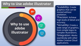 Why to Use adobe illustrator
Why to use
adobe
illustrator
•Scalability: Create
graphics that can be
resized without
pixelation.
•Precision: Achieve
high levels of detail and
accuracy.
•Versatility: Create a
wide range of graphics,
from simple logos to
complex illustrations.
•Integration: Works
seamlessly with other
Adobe Creative Cloud
applications.
 