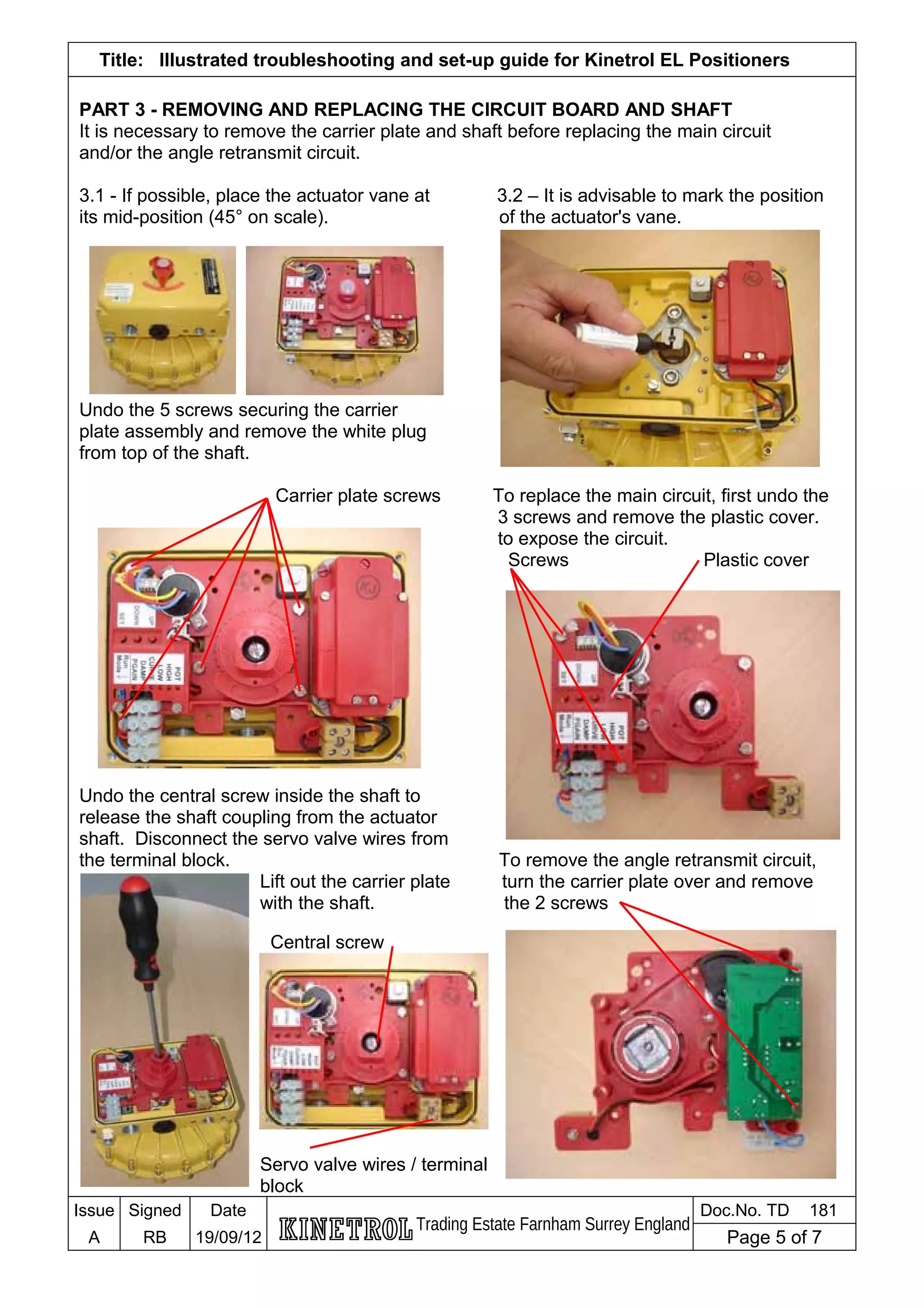Title: Illustrated troubleshooting and set-up guide for Kinetrol EL Positioners
PART 3 - REMOVING AND REPLACING THE CIRCUIT BOARD AND SHAFT
It is necessary to remove the carrier plate and shaft before replacing the main circuit
and/or the angle retransmit circuit.
3.1 - If possible, place the actuator vane at 3.2 – It is advisable to mark the position
its mid-position (45° on scale). of the actuator's vane.
Undo the 5 screws securing the carrier
plate assembly and remove the white plug
from top of the shaft.
Carrier plate screws To replace the main circuit, first undo the
3 screws and remove the plastic cover.
to expose the circuit.
Screws Plastic cover
Undo the central screw inside the shaft to
release the shaft coupling from the actuator
shaft. Disconnect the servo valve wires from
the terminal block. To remove the angle retransmit circuit,
Lift out the carrier plate turn the carrier plate over and remove
with the shaft. the 2 screws
Central screw
Servo valve wires / terminal
block
Issue Signed Date
Trading Estate Farnham Surrey England
Doc.No. TD 181
A RB 19/09/12 Page 5 of 7
 