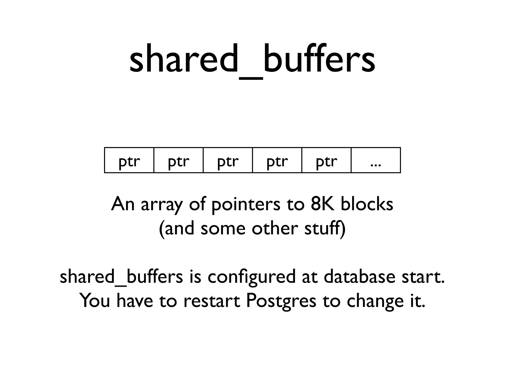 shared_buffers

       ptr   ptr   ptr   ptr   ptr   ...

      An array of pointers to 8K blocks
           (and some other stuff)

shared_buffers is conﬁgured at database start.
  You have to restart Postgres to change it.
 