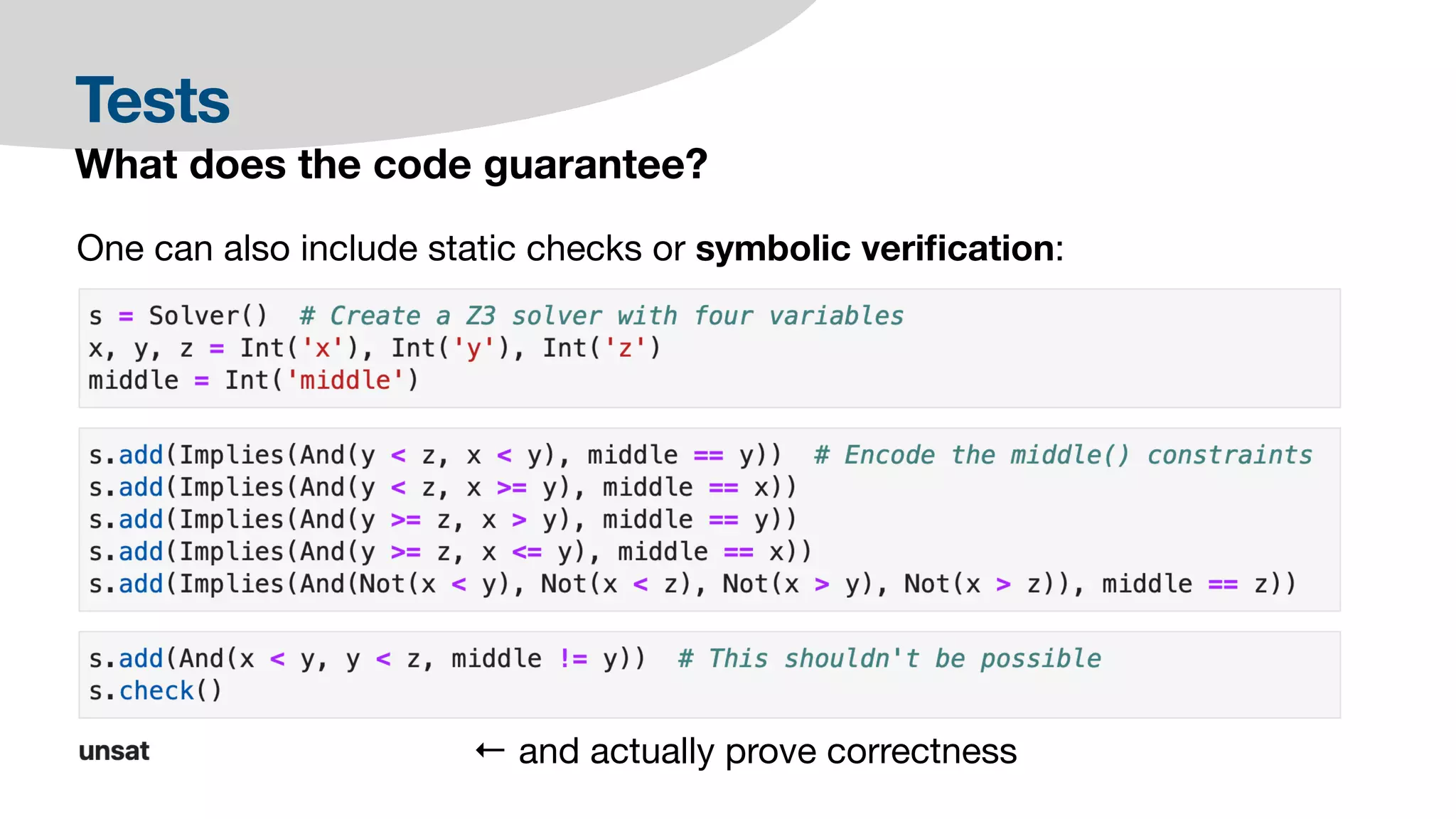Tests
What does the code guarantee?
One can also include static checks or symbolic veri
fi
cation:
← and actually prove correctness
 