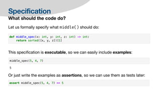 Specification
What should the code do?
Let us formally specify what middle() should do:
This speci
fi
cation is executable, so we can easily include examples:
Or just write the examples as assertions, so we can use them as tests later:
 