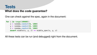 Tests
What does the code guarantee?
One can check against the spec, again in the document:
All these tests can be run (and debugged) right from the document.
 