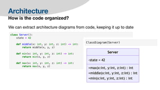 Architecture
How is the code organized?
We can extract architecture diagrams from code, keeping it up to date
 