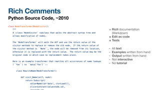 Rich Comments
Python Source Code, ~2010
+ Rich documentation 
(Markdown)

+ Edit as code
+ Tests
- All text

- Examples written from hand

- Output written from hand

- Not interactive

- No tutorial
 
