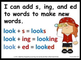 I can add s, ing, and ed
to words to make new
words.
© Donna Walker 2014
L.1.4.C Identify frequently occurring root words and their inflectional forms.
look + s = looks
look + ing = looking
look + ed = looked
 