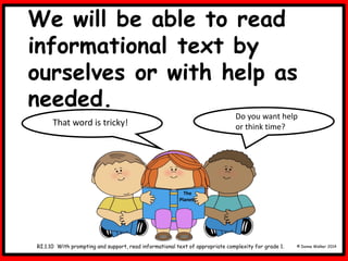 We will be able to read
informational text by
ourselves or with help as
needed.
© Donna Walker 2014
RI.1.10 With prompting and support, read informational text of appropriate complexity for grade 1.
That word is tricky!
Do you want help
or think time?
The
Planets
 