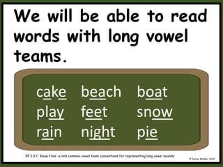 We will be able to read
words with long vowel
teams.
© Donna Walker 2014
RF.1.3.C Know final -e and common vowel team conventions for representing long vowel sounds.
cake beach boat
play feet snow
rain night pie
 