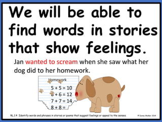 We will be able to
find words in stories
that show feelings.
© Donna Walker 2014
RL.1.4 Identify words and phrases in stories or poems that suggest feelings or appeal to the senses.
Jan wanted to scream when she saw what her
dog did to her homework.
Homework
5 + 5 = 10
6 + 6 = 12
7 + 7 = 14
8 + 8 =
 