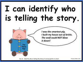 I can identify who
is telling the story.
© Donna Walker 2014
RL.1.6 Identify who is telling the story at various points in a text.
I was the smartest pig.
I built my house out of bricks.
The wolf could NOT blow
it down!
The
Three
Pigs
 
