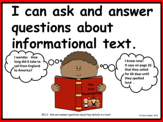 I can ask and answer
questions about
informational text.
© Donna Walker 2014
RI.1.1 Ask and answer questions about key details in a text.
I wonder. How
long did it take to
sail from England
to America?
I know now!
It says on page 26
that they sailed
for 66 days until
they spotted
land .
 