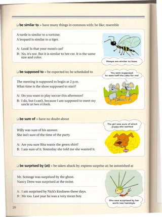 A turtle is similar to a tortoise.
A leopard is similar to a tiger.

A: Look! Is that your mom's car?
B: No, it's not. But it is similar to her car. It is the same
   size and color.



                                                                           You were supposed
                                                                   to    save half the cake for   me!


The meeting is supposed to begin at 2 p.m.
What time is the show supposed to start?

A: Do you want to play soccer this afternoon?
B: I do, but I can't, because I am supposed to meet my
   uncle at two 0' clock.




                                                                        The girl was sure of which
                                                                           puppY she wanted

Willy was sure of his answer.
She isn't sure of the time of the party.


A: Are you sure Rita wants the green shirt?
B: I am sure of it. Yesterday she told me she wanted it.




o be   surprised by (at)   = be taken   aback by; express surprise at; be astonished at


Mr. Scrooge was surprised by the ghost.
Nancy Drew was surprised at the noise.


A: I am surprised by Nick's kindness these days.
B: Me too. Last year he was a very mean boy.
                                                                         She was surprised    by her
                                                                            son's new hairstyle.
 