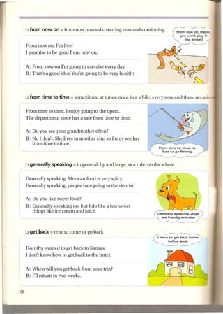 From now on, I'm free!
I promise to be good from now on.


A: From now on I'm going to exercise every day.
B: That's a good idea! You're going to be very healthy




From time to time, I enjoy going to the opera.
The department store has a sale from time to time.

A: Do you see your grandmother      often?
B: No I don't. She lives in another city, so I only see her
   from time to time.
                                                              From time to time, he
                                                                likes to go fishing.




Generally speaking, Mexican food is very spicy.
Generally speaking, people hate going to the dentist.

A: Do you like sweet food?
B: Generally speaking no, but I do like a few sweet
   things like ice cream and juice.
                                                              Generally speaking, dogs
                                                                are friendly animals.




                                                              I need to get back home
                                                                     before dark.

Dorothy wanted to get back to Kansas.
I don't know how to get back to the hotel.


A: When will you get back from your trip?
B: I'll return in two weeks.
 