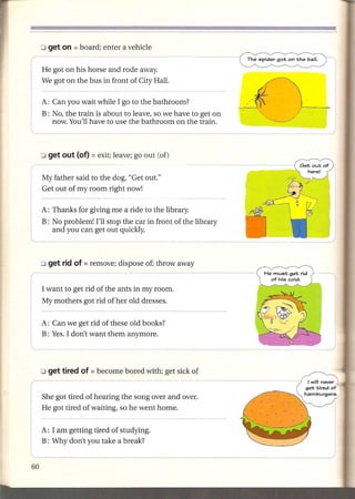 He got on his horse and rode away.
              We got on the bus in front of City Hall.

              A: Can you wait while I go to the bathroom?
              B: No, the train is about to leave, so we have to get on
                 now. You'll have to use the bathroom on the train.




(~~   >   -




I             My father said to the dog, "Get out."
              Get out of my room right now!

              A: Thanks for giving me a ride to the library.
              B: No problem! I'll stop the car in front of the library
                 and you can get out quickly.




              I want to get rid of the ants in my room.
              My mothers got rid of her old dresses.


          A: Can we get rid of these old books?
Ii        B: Yes. I don't want them anymore.

'--



              She got tired of hearing the song over and over.



l
I
              He got tired of waiting, so he went home.


          A: I am getting tired of studying.
          B: Why don't you take a break?
                                                                             .




                        """"'"'"
                             __    .~.,
                                    •.
                                     _~~_".,   .....•
                                                 __.~._.   ~
                                                           ...··~~       ·       ._,,-~o,,_.~,.~·._
 